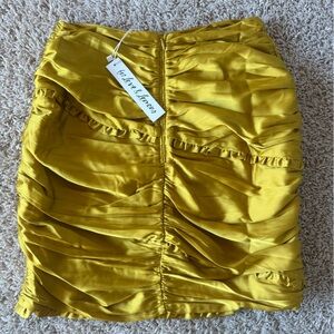 For Love & Lemons Yellow Ruched Satin Mini Skirt